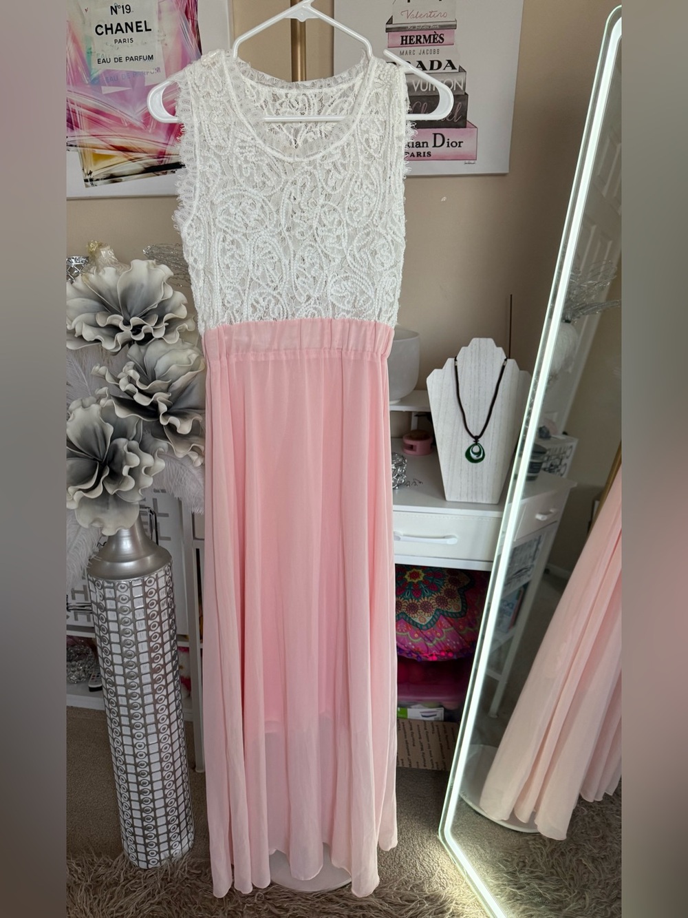 SHEIN White Lace Top Pink Chiffon Maxi Dress